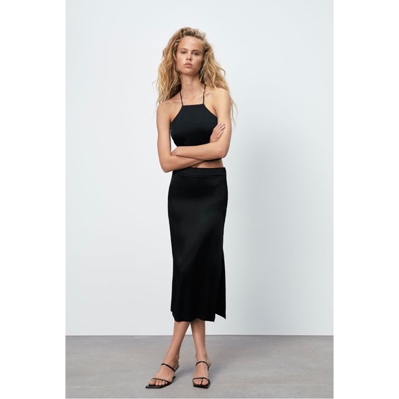 Zara Black Satin Crop Top and Midi Skirt Set - Picture 3 of 3